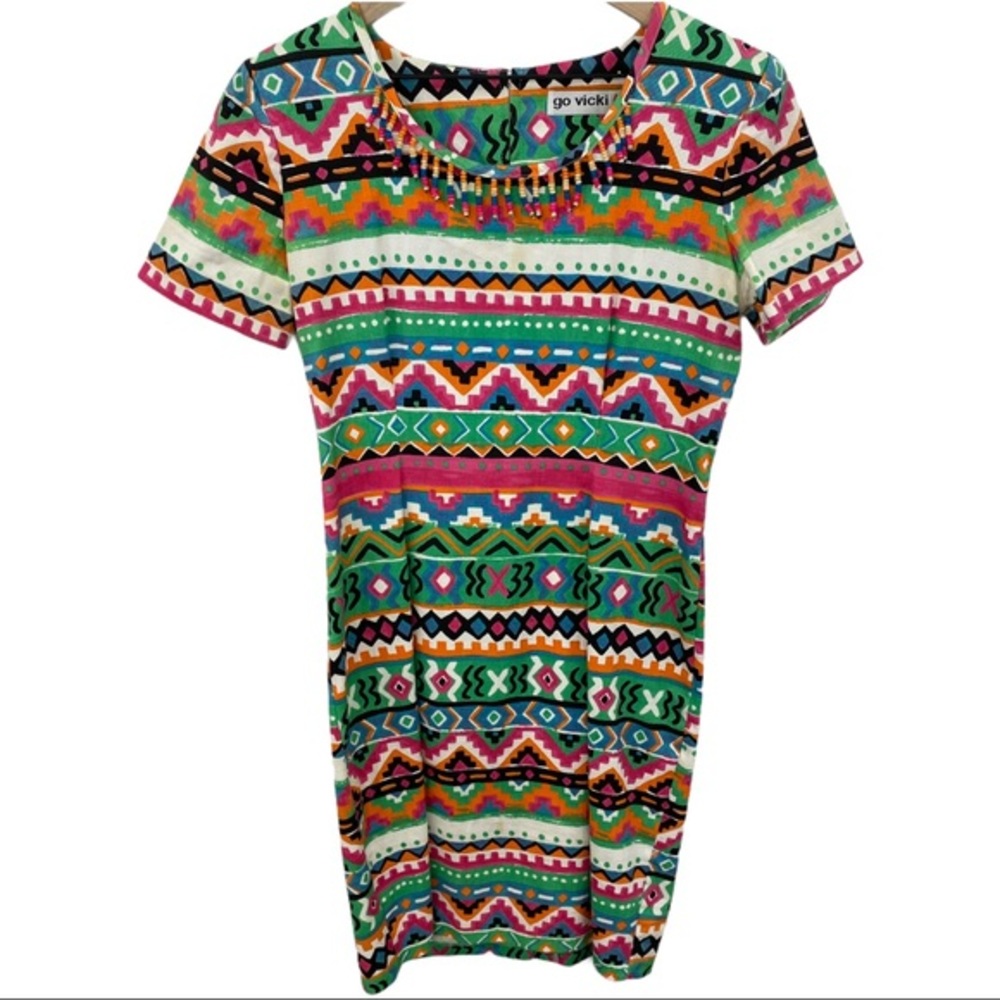 Vintage Multicolor Patterned Beaded Neck Dress
